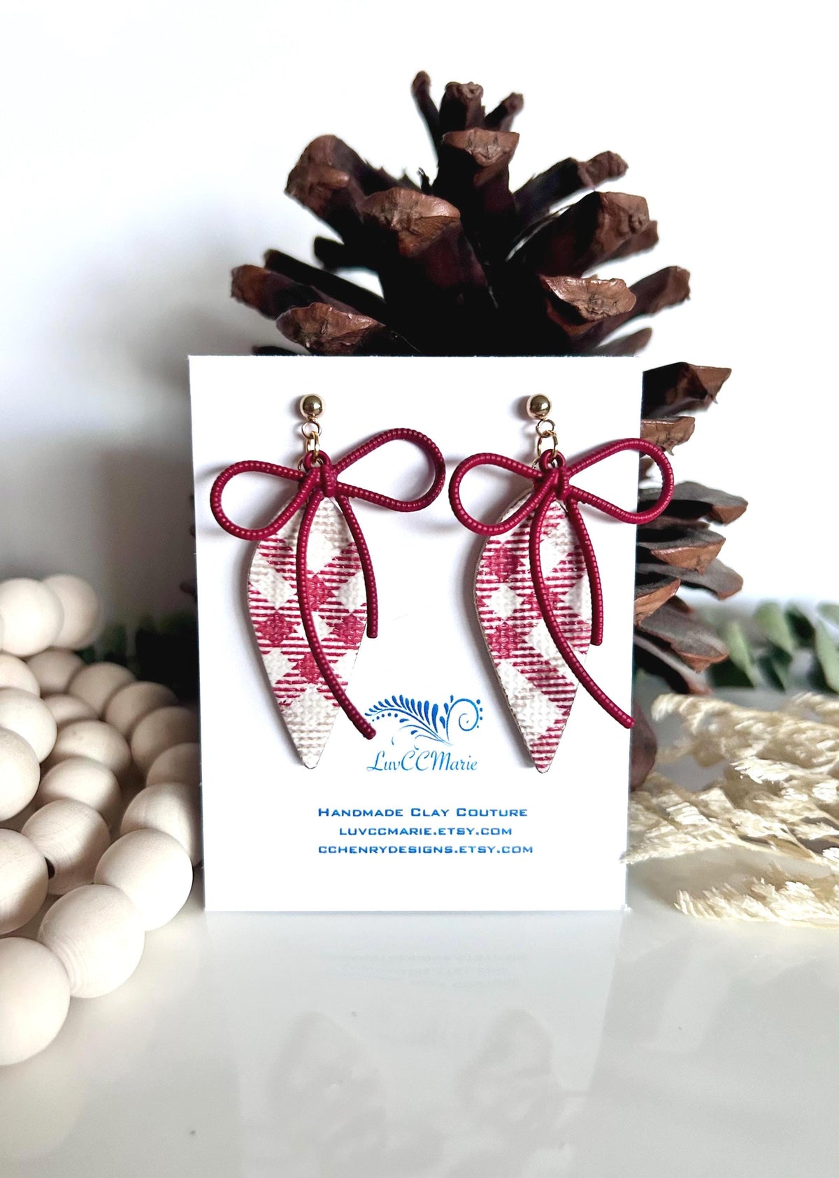 Dark Burgundy Red Earrings, Gingham Plaid Bow Dangles, Boho Handmade Clay Jewelry
