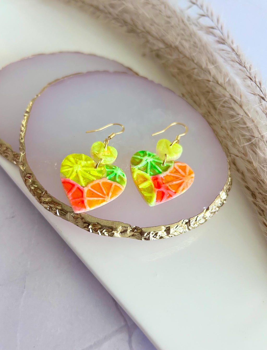 Neon Orange Heart Earrings, Grapefruit, Lemon, Lime, Unique Handcrafted Dangles, 90s Statement Clay Jewelry