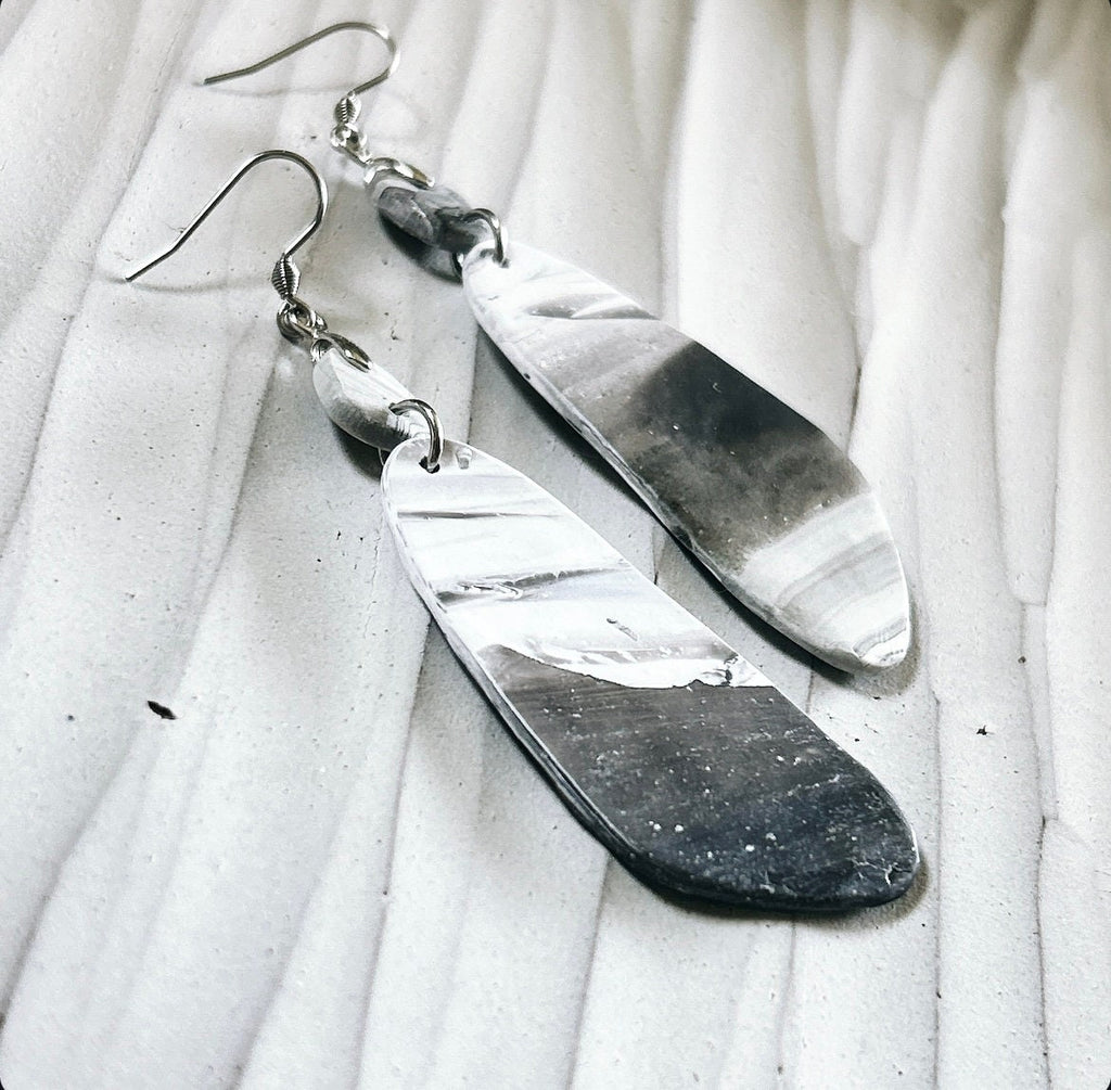 Marbled Clay Dangle Earrings: Gray Black White Boho Jewelry