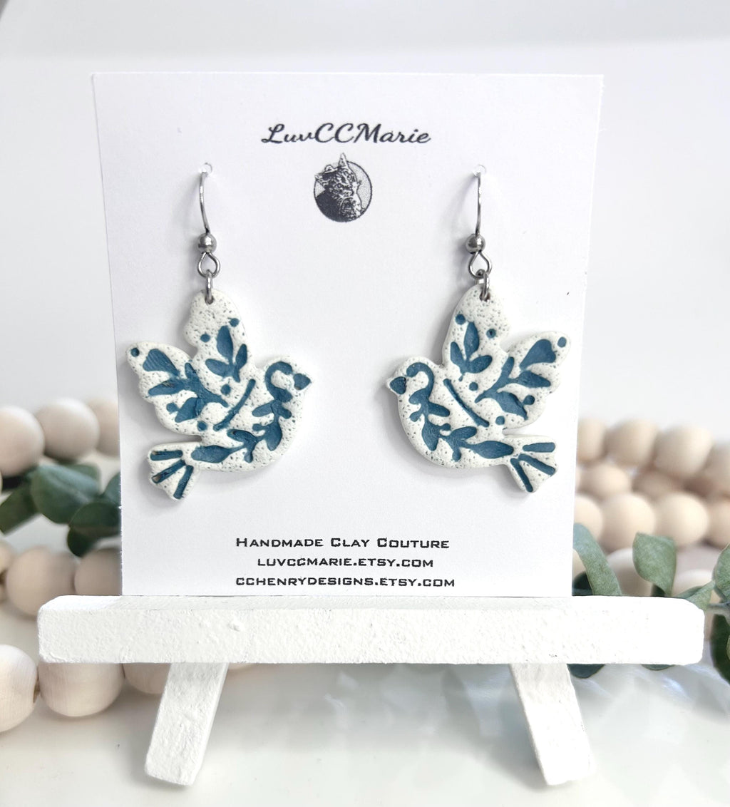 Handmade Clay Dove of Hope Dangle Earrings, Birds of Peace Drop Earrings, Everyday Wear Jewelry Gift
