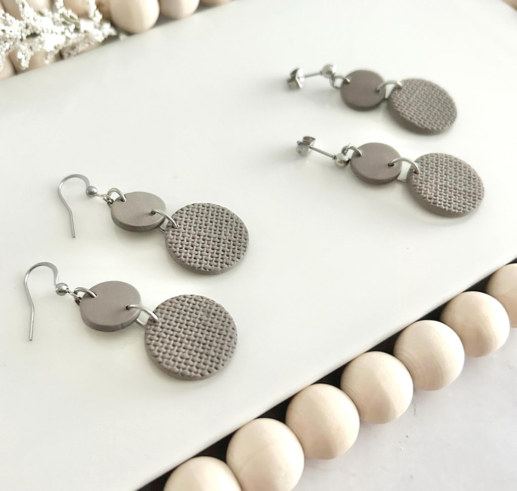 Khaki Clay Dangle Earrings, Neutral Casual Drop Dangles, Handmade Jewelry