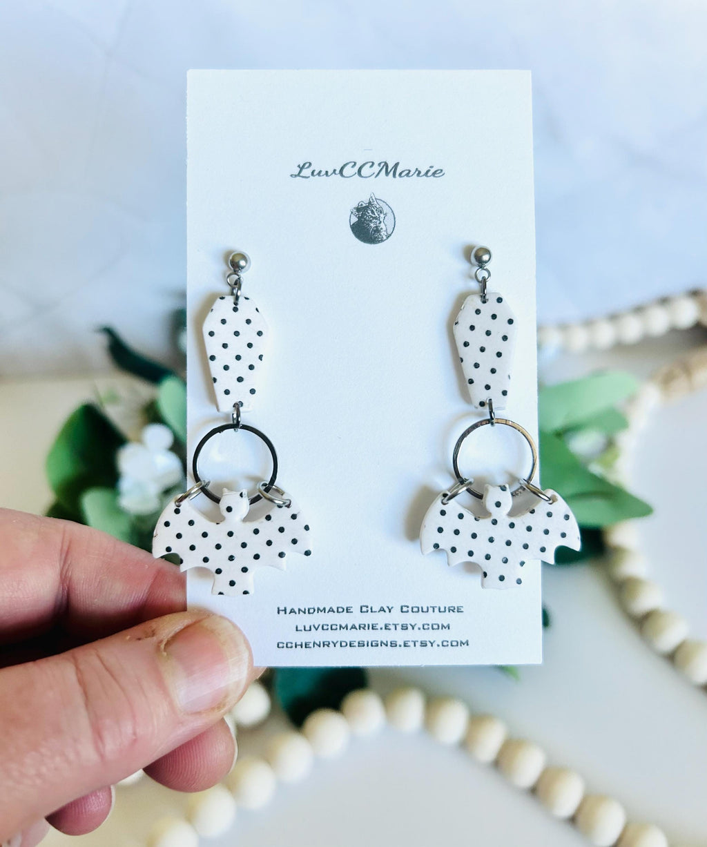 Polka Dot Long Earrings, Bat Coffin Dangles, Black and White Emo Jewelry