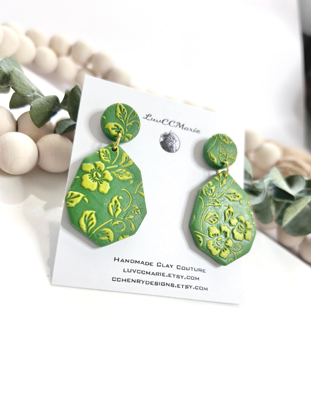 Handmade Green Floral Clay Earrings: Boho Drop Dangles