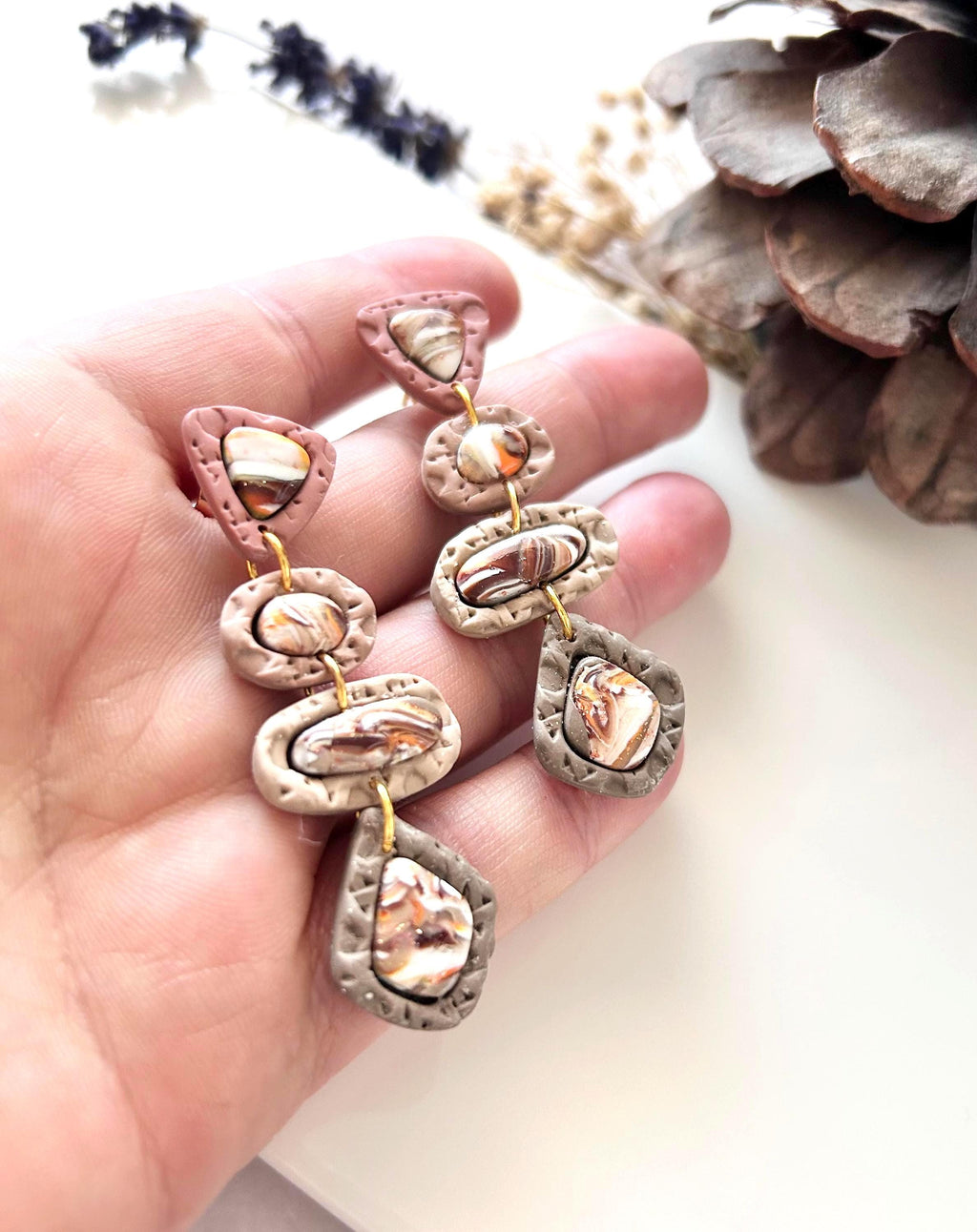 Neutral Stone Statement Dangles, Beige, Brown, Orange, White, Handmade Clay Post Earrings