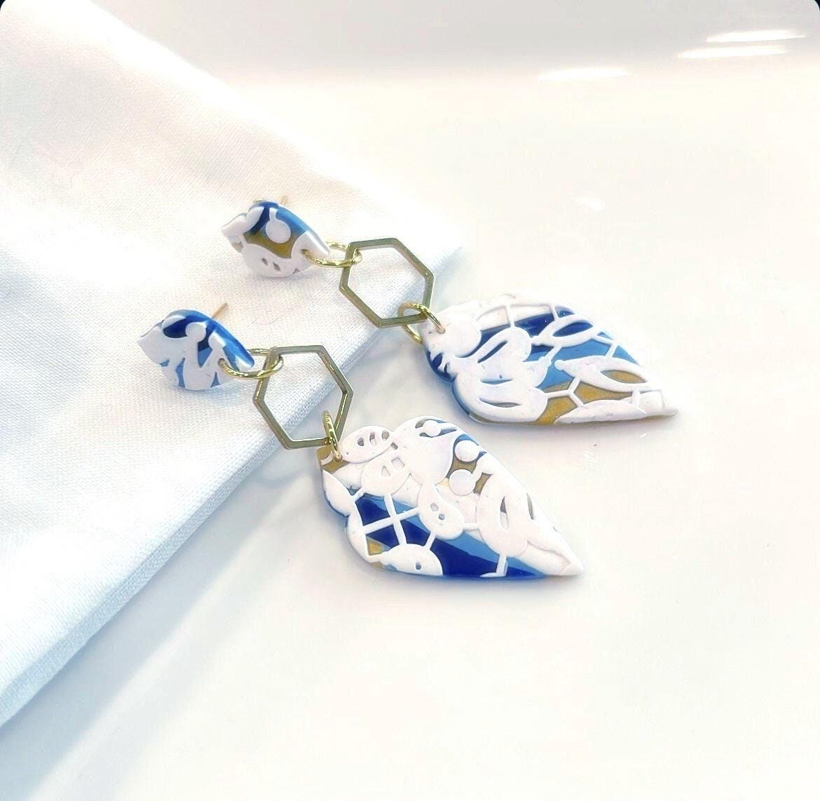 White Lace Clay Earrings, Navy Blue & Gold Dangles, Handmade Wedding Gift for the Bride