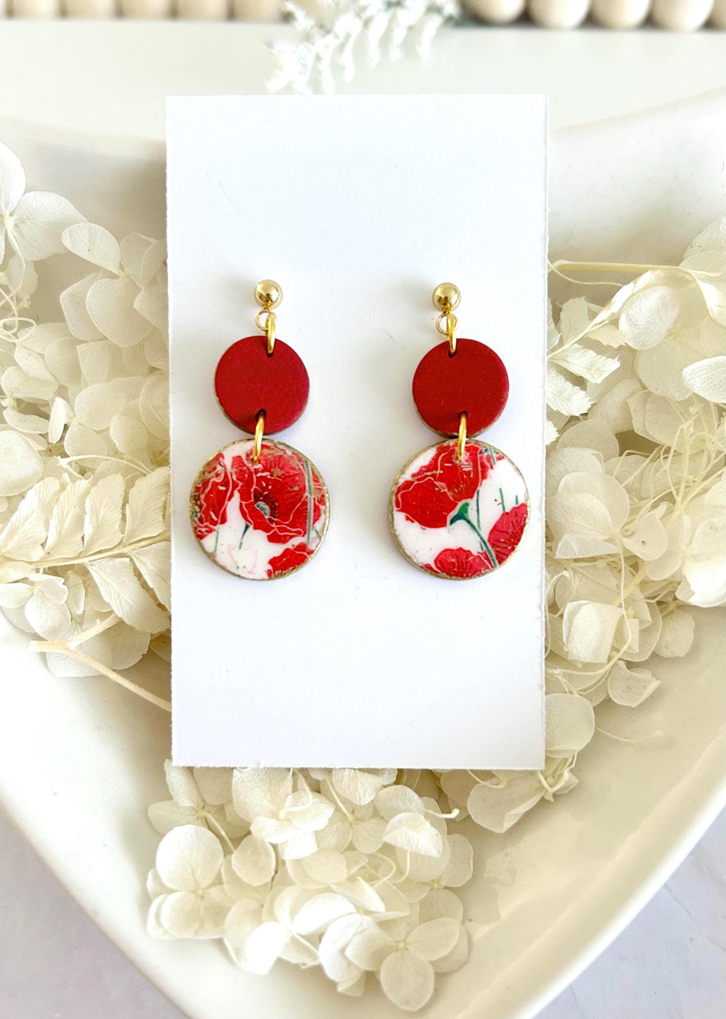 Dark Poppy Red Clay Earrings, Gold Floral Circle Dangles, Handmade Flower Boho Jewelry