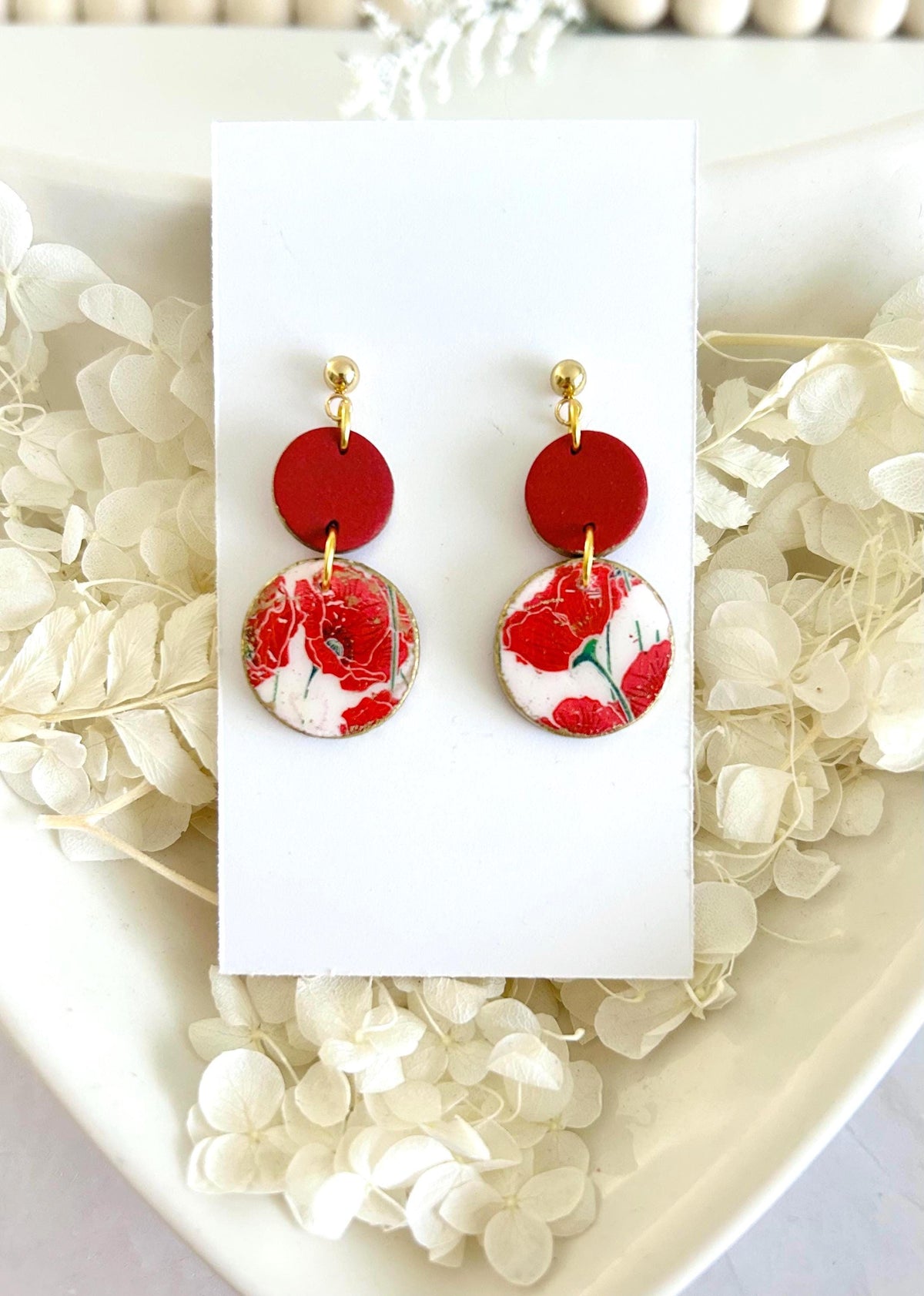 Dark Poppy Red Clay Earrings, Gold Floral Circle Dangles, Handmade Flower Boho Jewelry