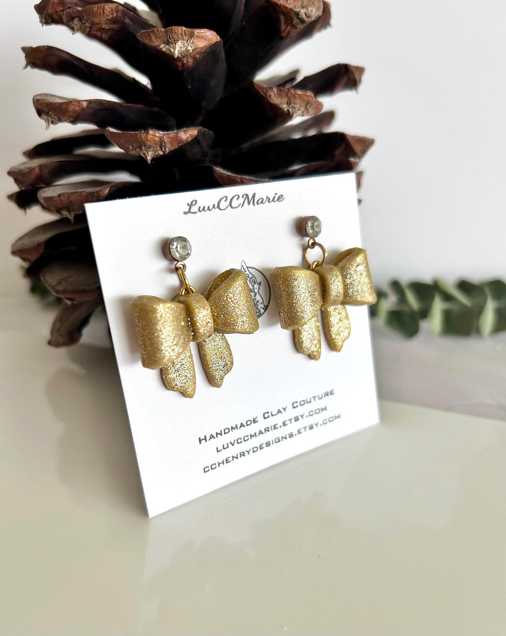 Glitter Bow Clay Earrings, Coquette Dangles, Handmade Holiday Jewelry