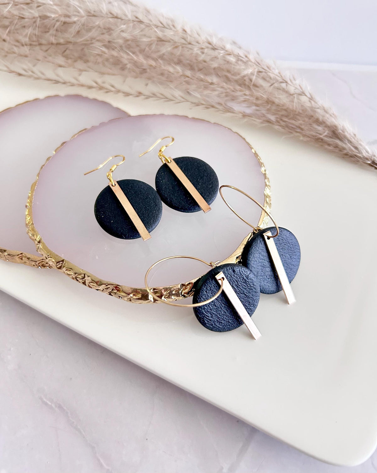 Handmade Gold Bar Hoop Clay Earrings, Neutral Black 18K Plated Dangles, Lightweight Hypoallergenic