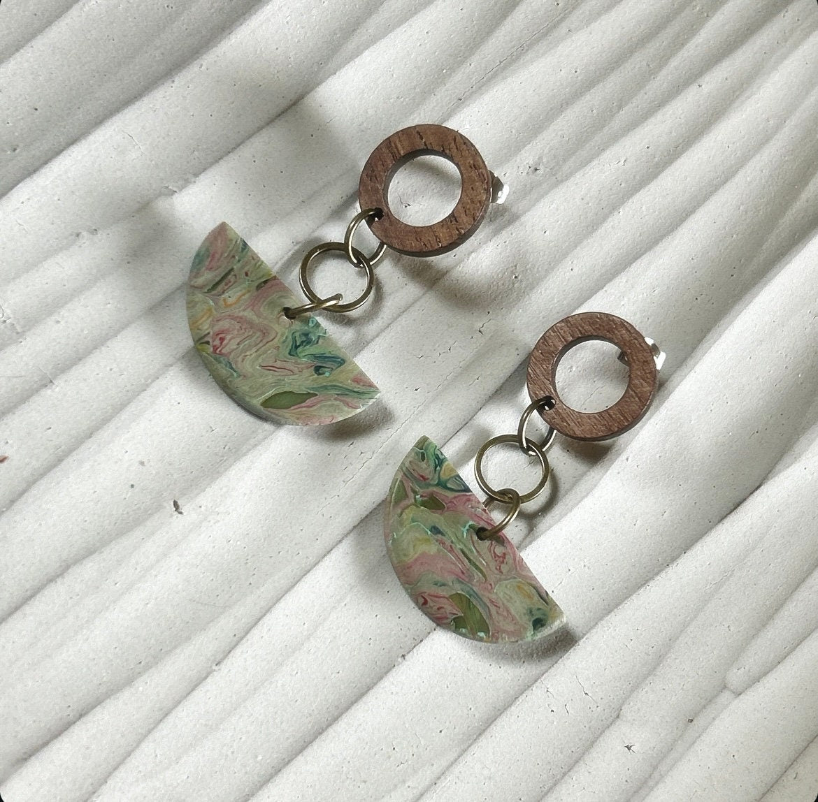 Olive Green Boho Earrings, Clay and Wood Marbled Dangles, Handmade Jewelry Gift For Her