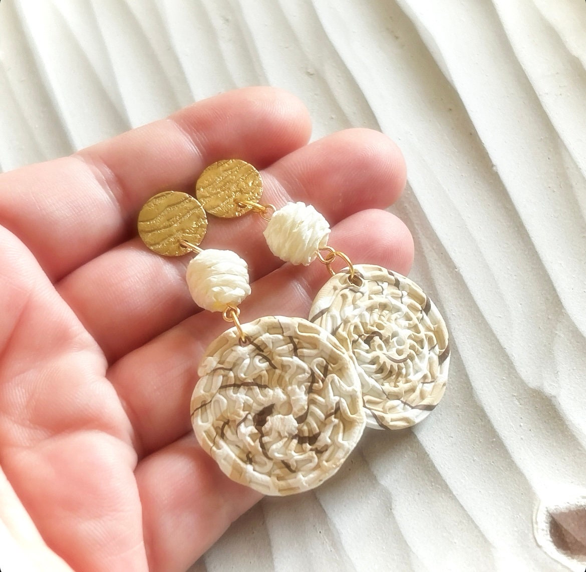 Handmade Clay Dangle Earrings, Raffia Dangles, Neutral Unique Boho Jewelry