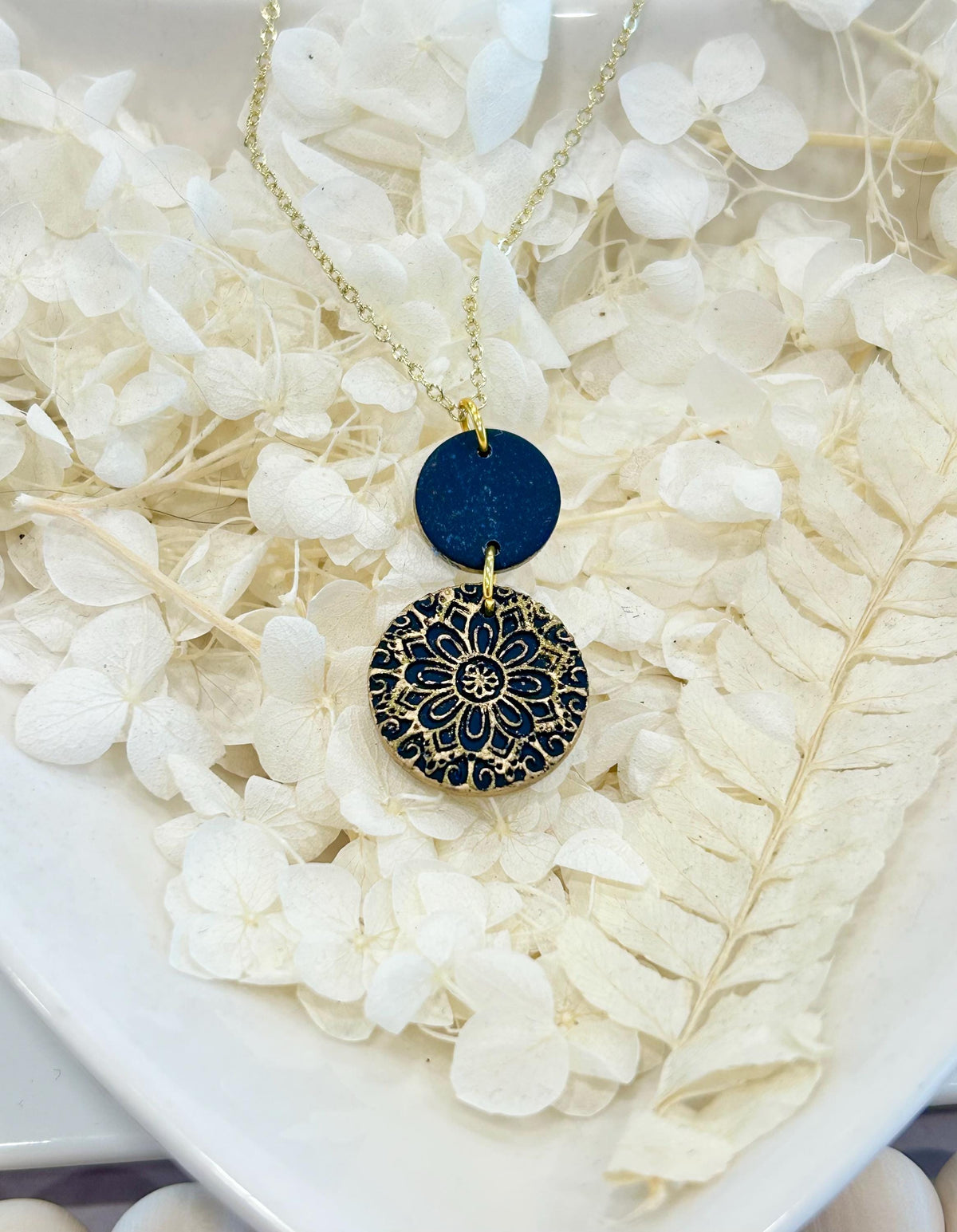 Dark Navy Blue Clay Necklace, Gold Mandala Embossed Pendant, Handmade Fashion Boho Jewelry
