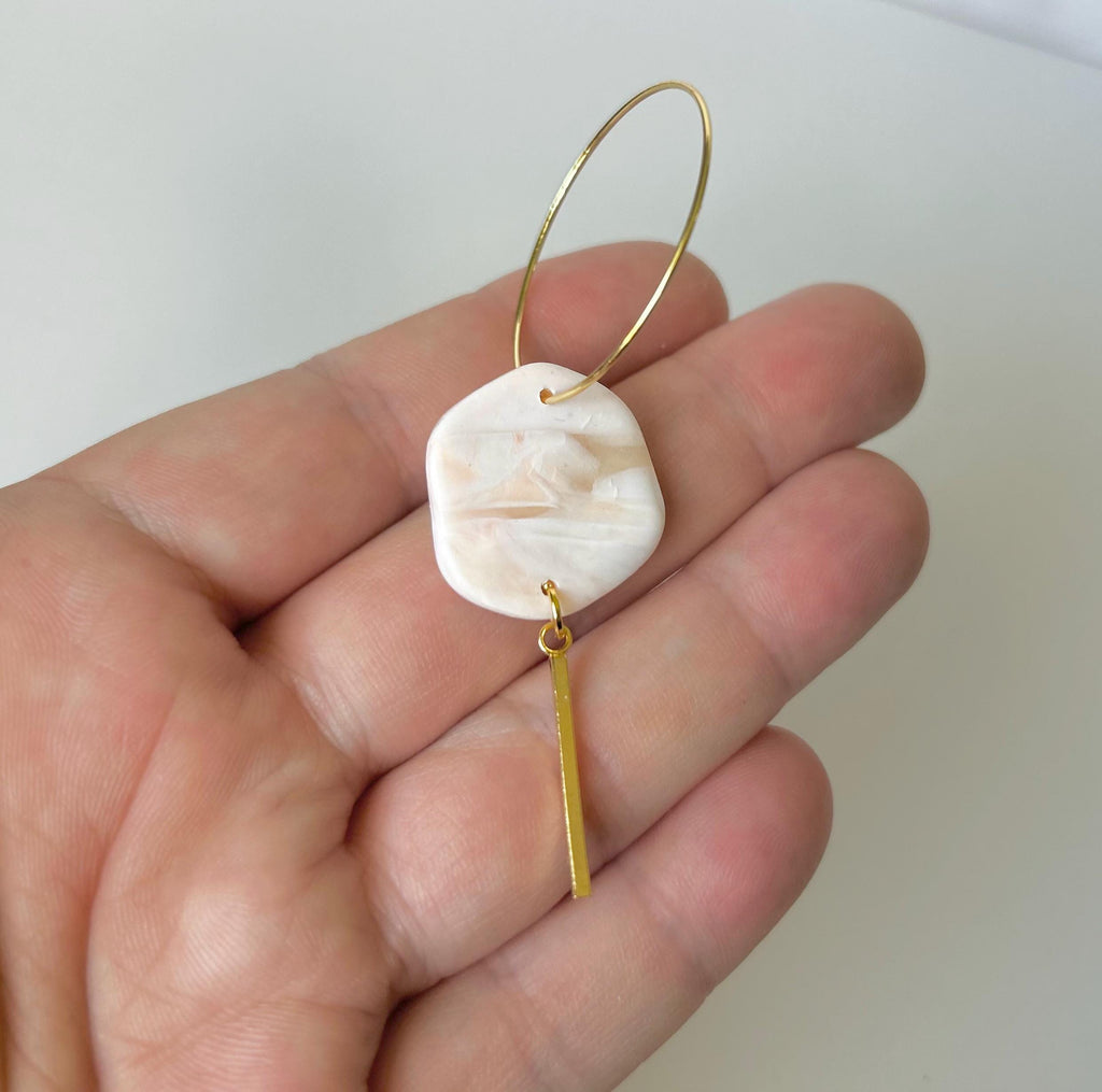Peach and White Hoop Charm Dangle Earrings, Handmade Clay Jewelry Gift
