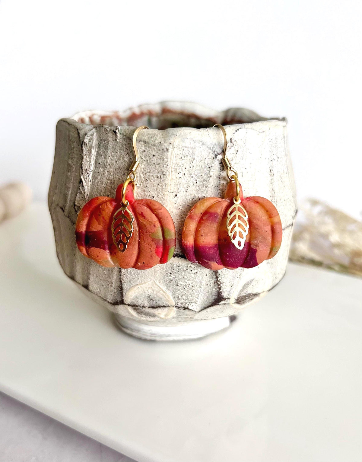 Pumpkin Hoops, Burgundy Marbled Fall Earrings, Gold Leaf Hoop Dangles, Handmade Clay Autumn Jewelry