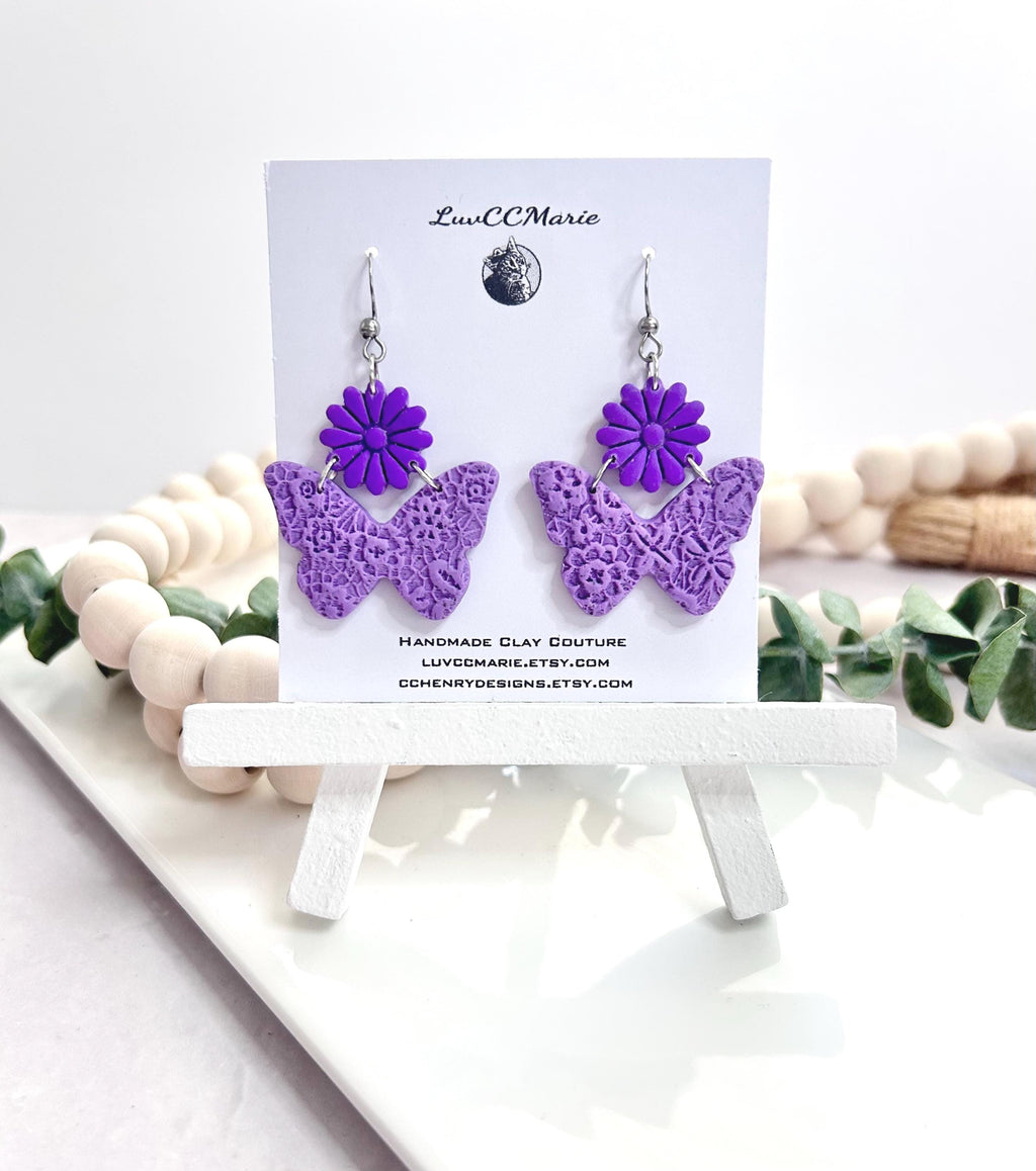 Purple Butterfly Clay Earrings: Handmade Daisy Flower Dangles