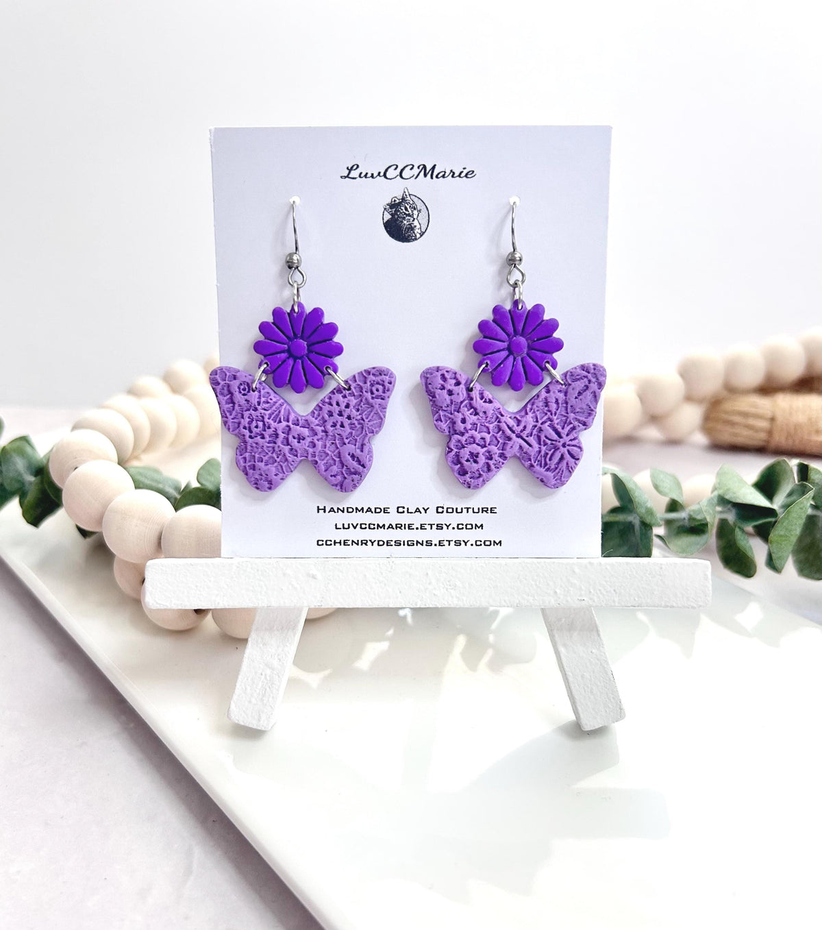 Purple Butterfly Clay Earrings: Handmade Daisy Flower Dangles