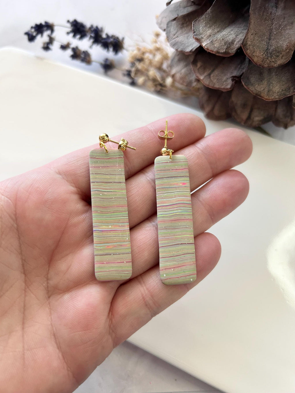 Multicolor Long Dangle Earrings, Rainbow Striped Modern Drop Bar Dangles, Colorful Handmade Clay Everyday Jewelry