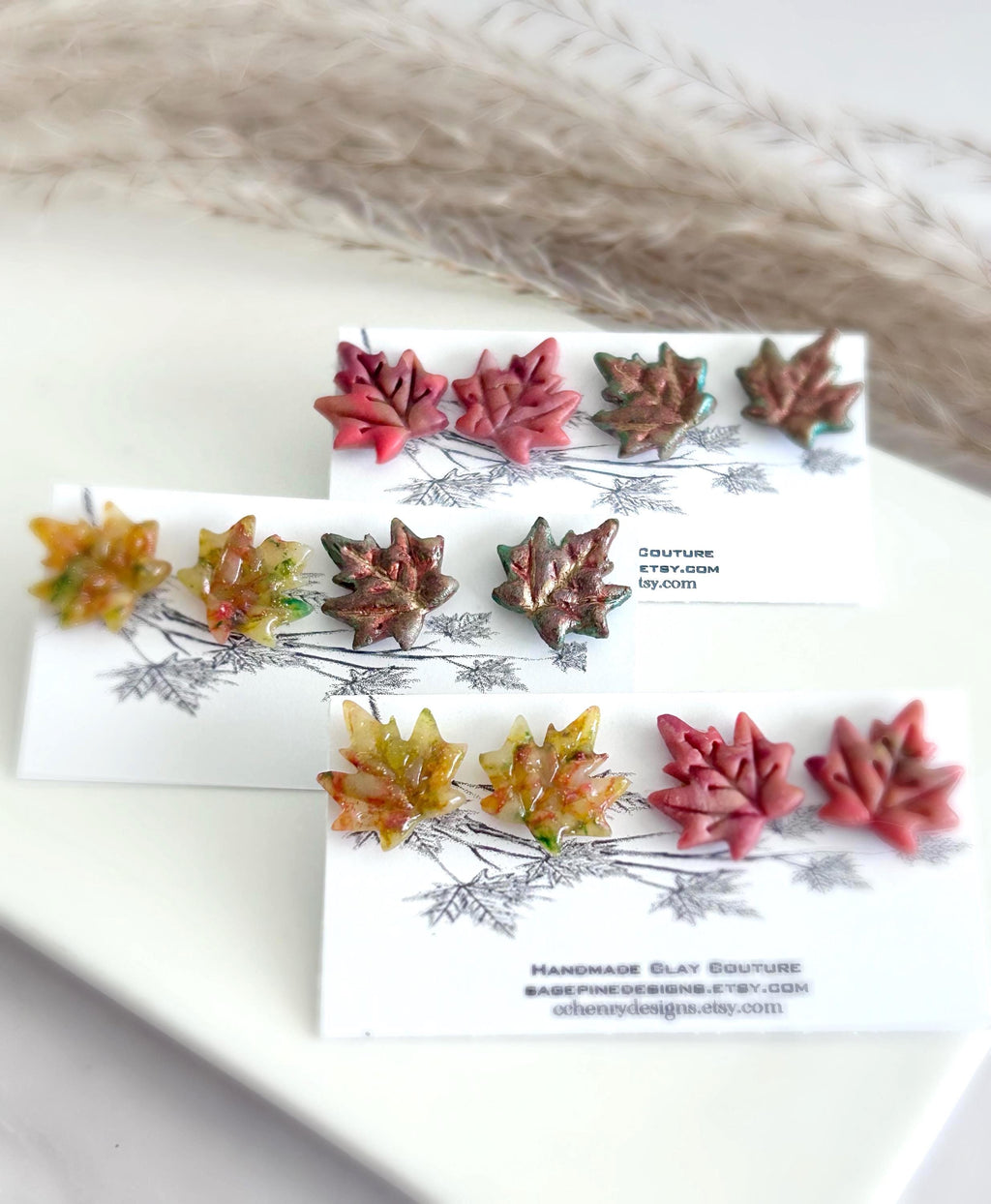 Fall Maple Leaf Stud Earrings, Multicolor Autumn Clay Studs, Handmade Boho Gift