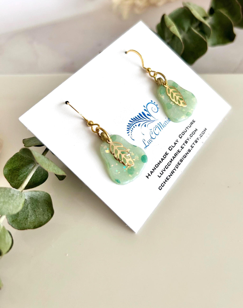 Mint Green Polka Dot Pear Clay Earrings, Pastel Opal Dangles, Handmade Fashion Boho Jewelry