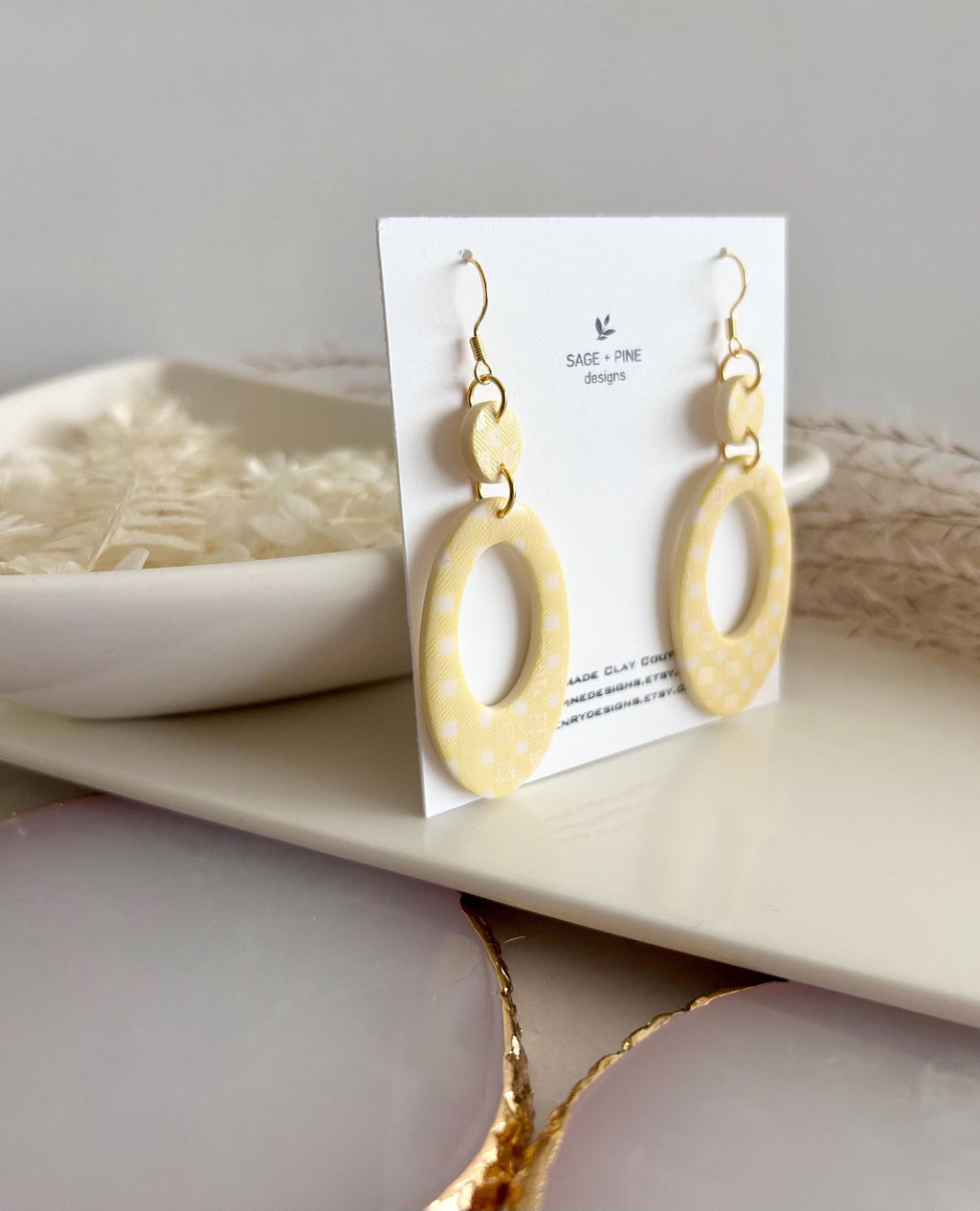 Navy Blue Gingham Check Hoop Dangles, Summer Earrings, Retro Clay Handmade Fashion Jewelry Gift