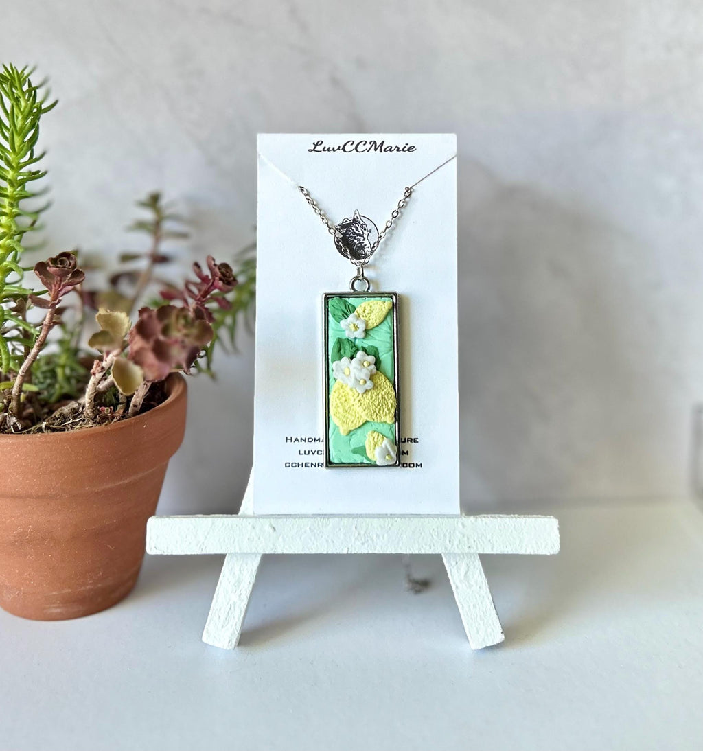 Mint Green Lemon Necklace, Fruit Clay Silver Pendant, Boho Jewelry