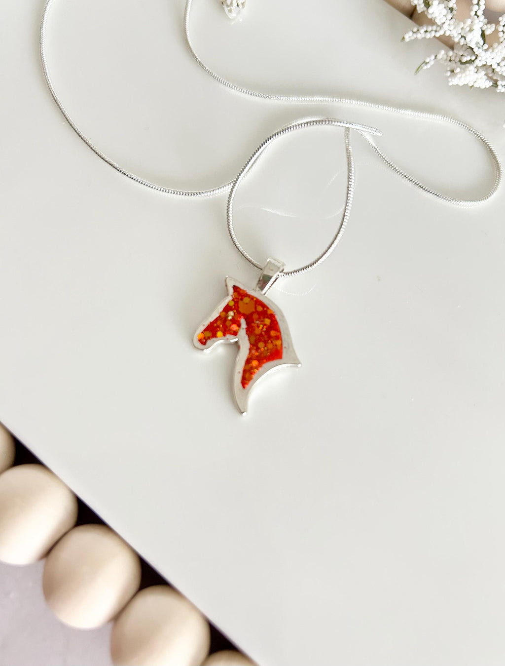Year of the Horse Fire Necklace, Red and Silver Sparkly Pendant, Handmade Fashion Clay Jewelry