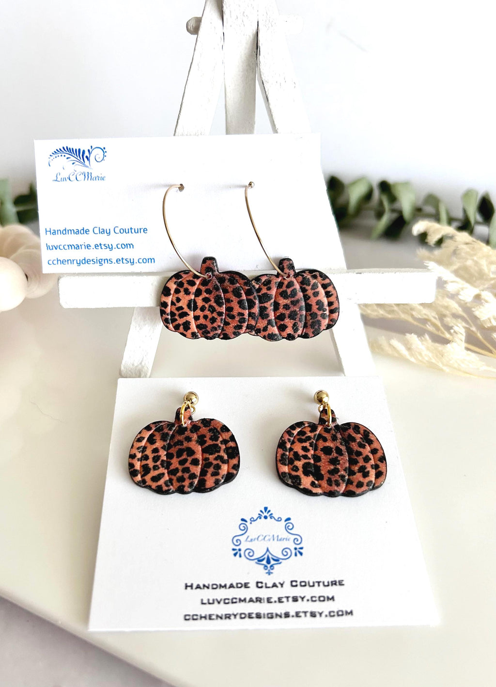 Leopard Print Pumpkin Earrings, Fall Hoop Dangles, Lightweight Handmade Clay Jewelry
