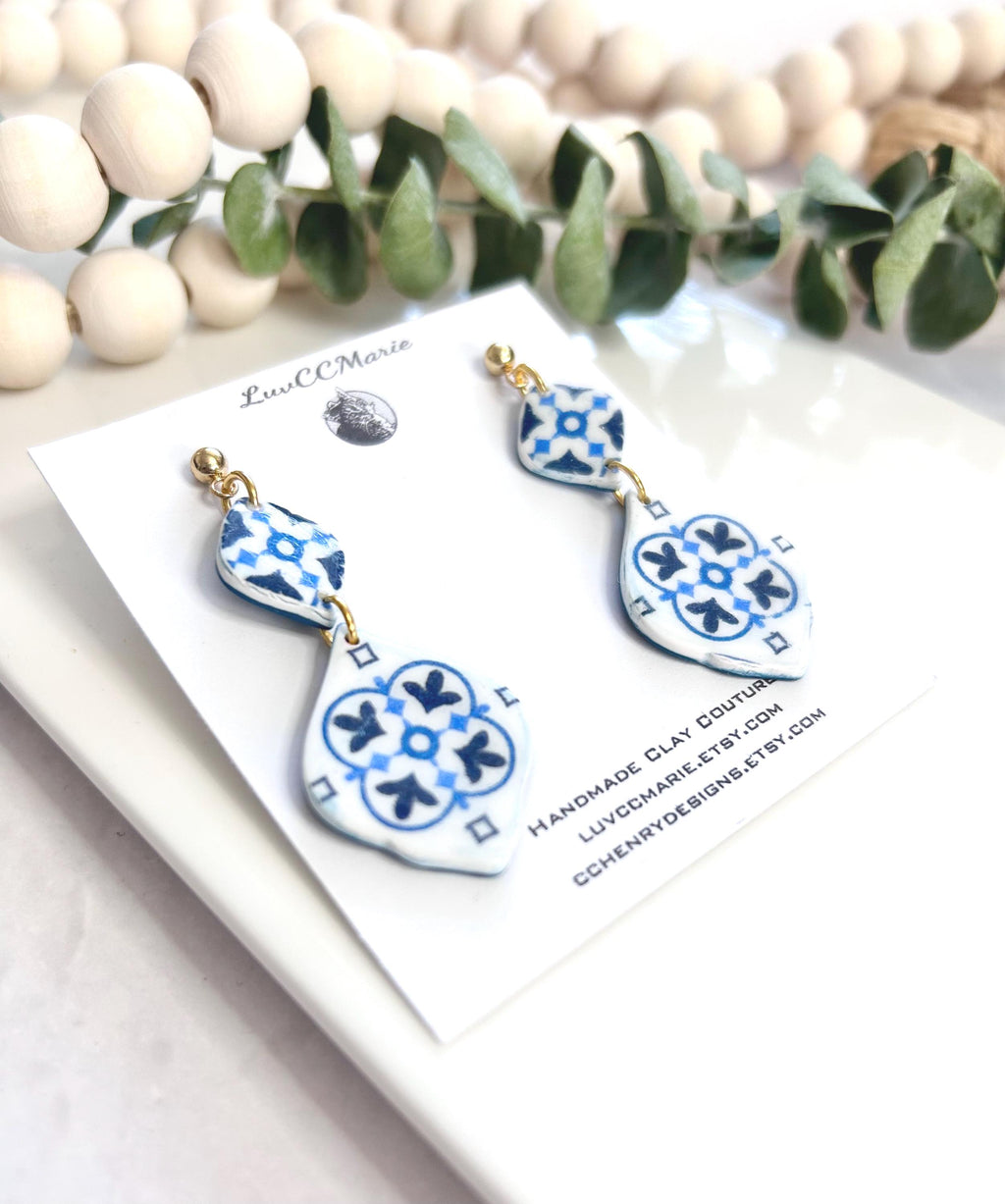 Cobalt Blue Vase Santorini Blue Earrings, Mediterranean Tile Greek Dangles, Handmade Boho Clay Jewelry