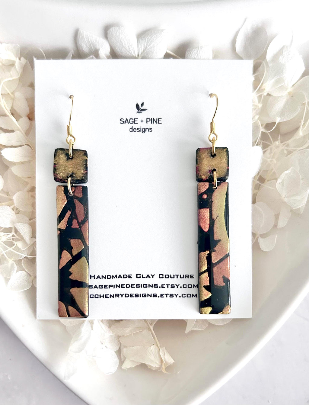 Hand Painted Bar Earrings, Black and Gold Abstract Fall Maple Leaf Metallic Ceramic Clay Dangles, Hypoallergenic Clay Lightweight Jewelry