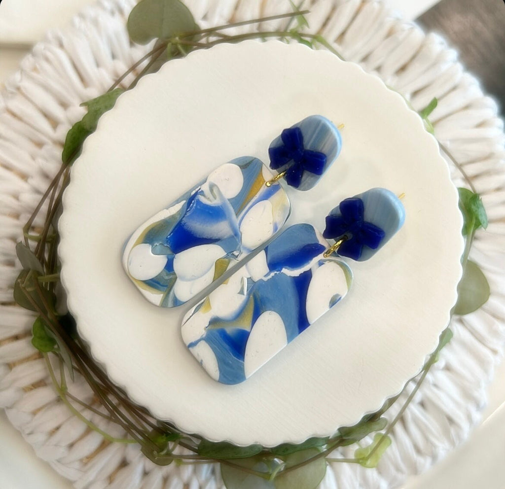 Cobalt Blue Polka Dot Stud Dangles, Gold White Clay Earrings, Handmade Fashion Clay Jewelry