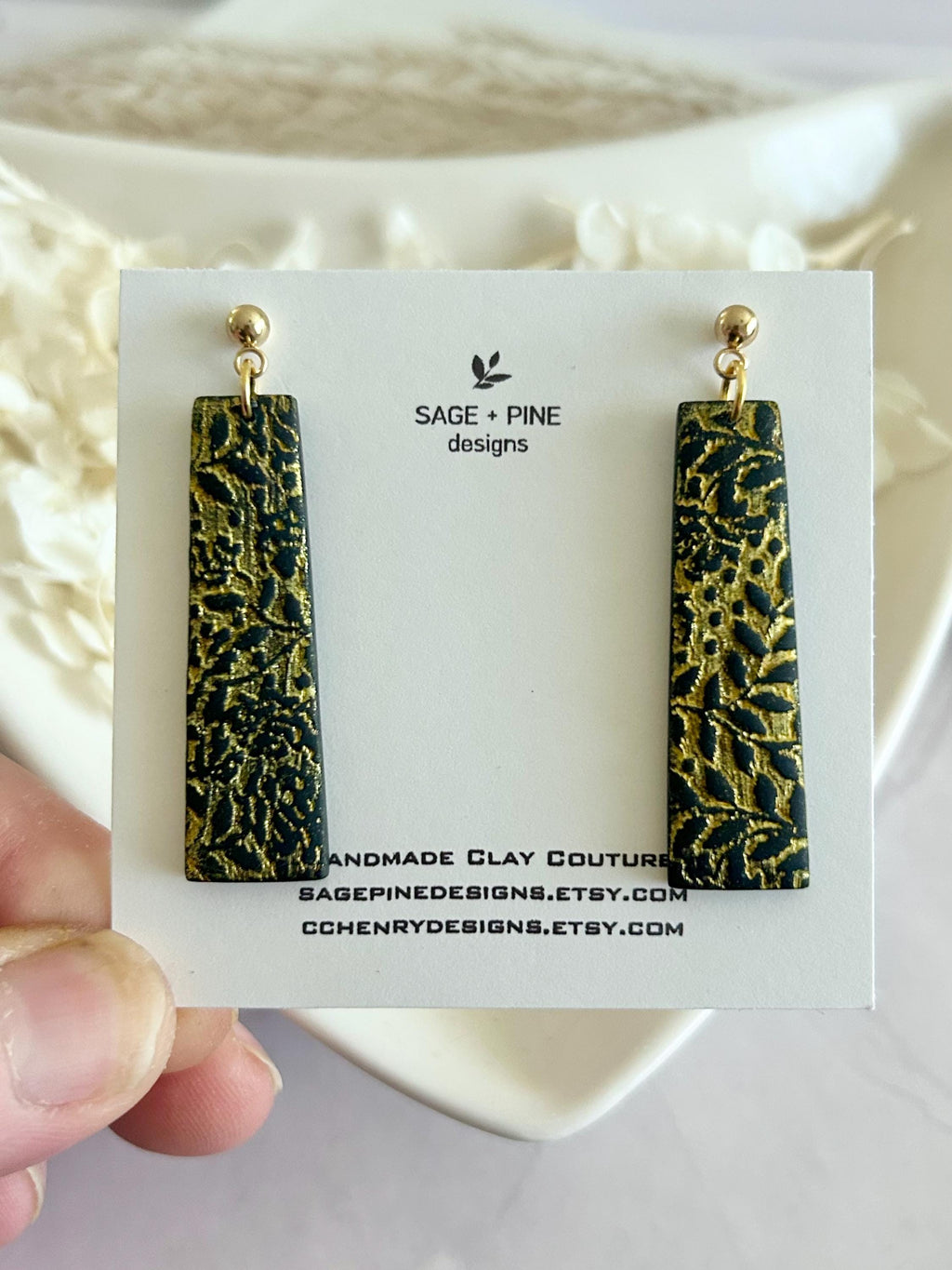 Gold & Burgundy Clay Earrings, Floral Vine Embossed Dangles, Handmade Fashion Boho Jewelry