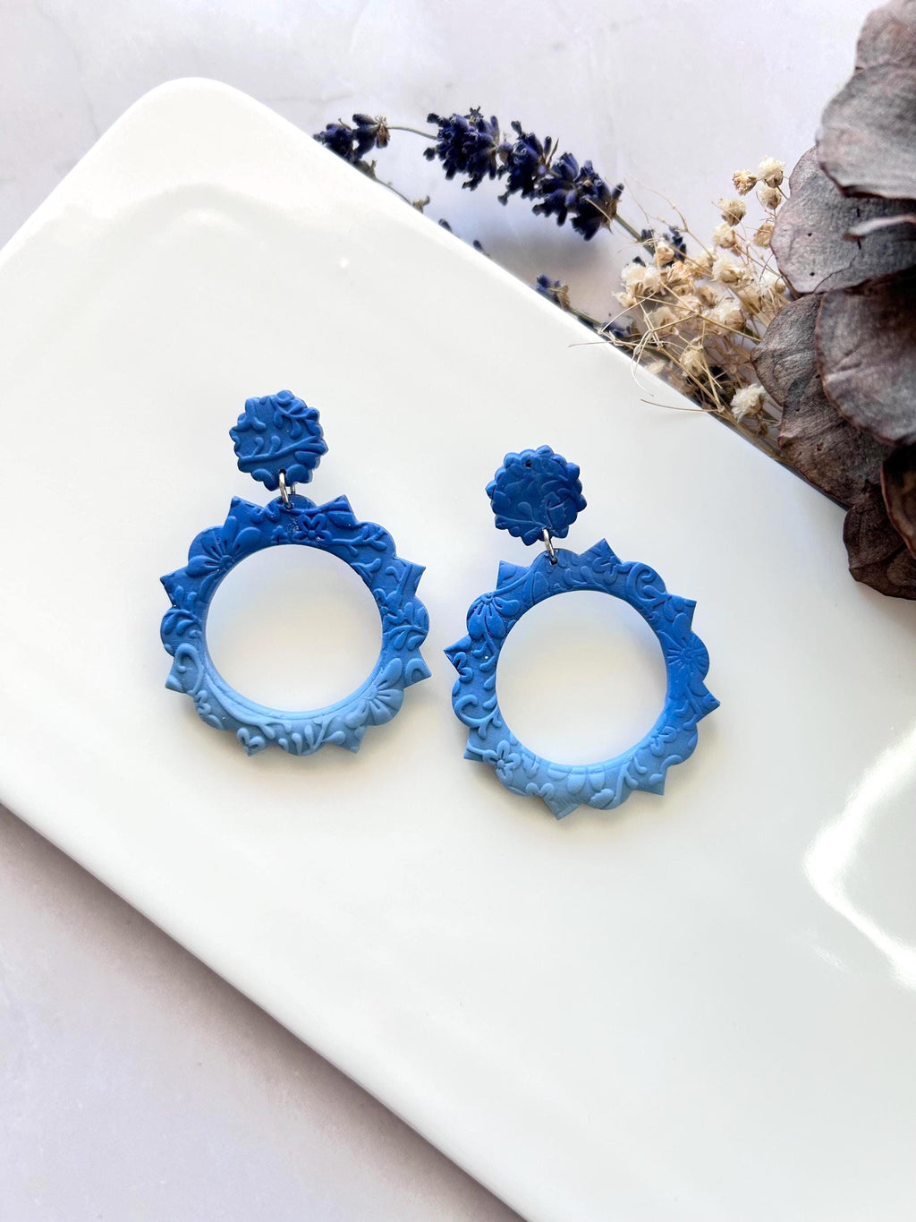 Boho Drop Hoop Earrings, Blue Ombre Statement Dangles, Handmade Clay Unique Gift