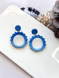 Boho Drop Hoop Earrings, Blue Ombre Statement Dangles, Handmade Clay Unique Gift