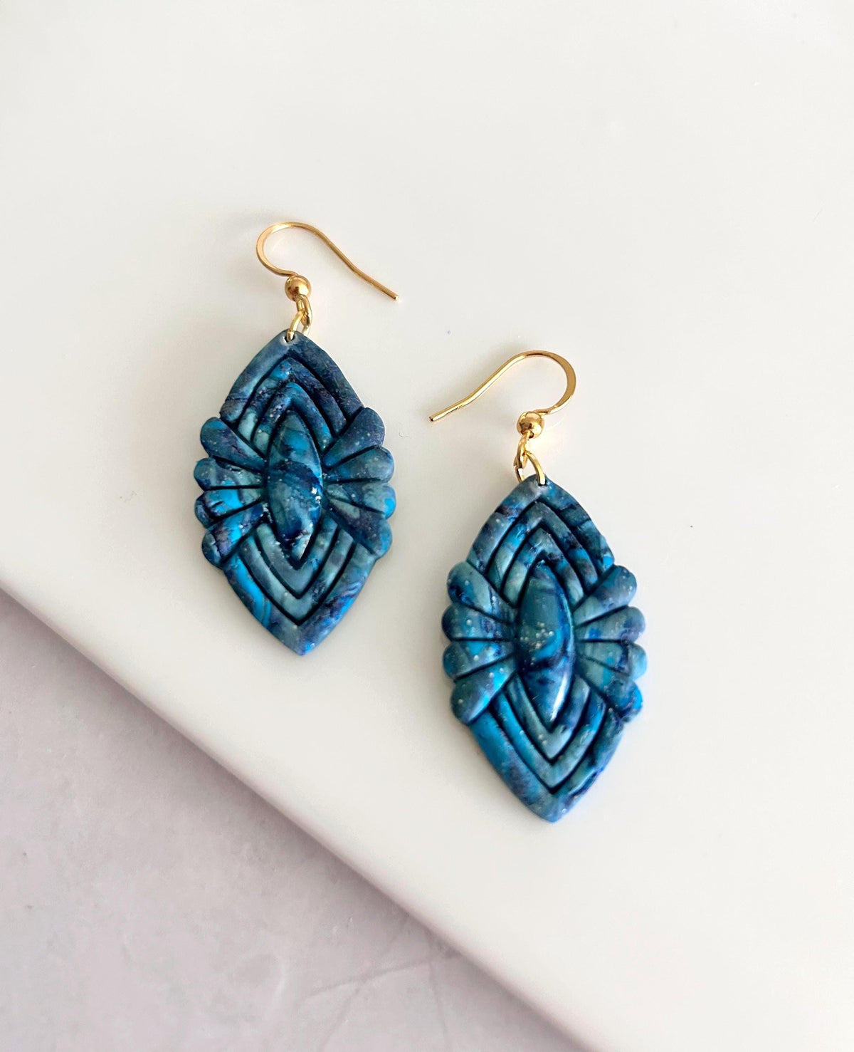 Teal Dangle Earrings, Boho Dangles, Blue and Gold Handmade Clay Unique Jewelry