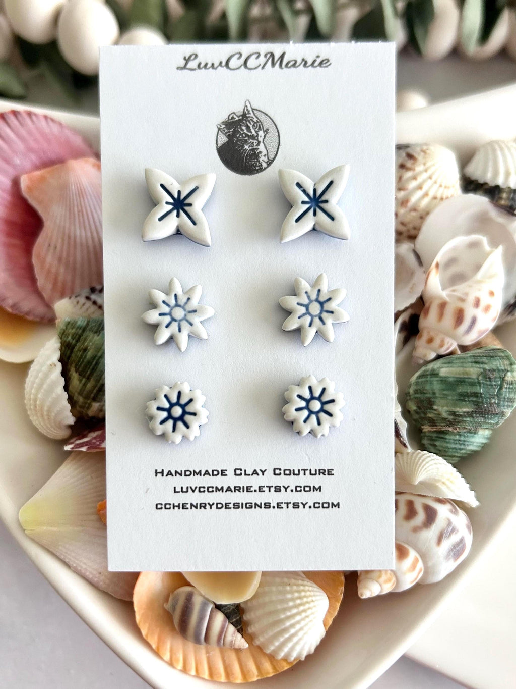Blue and White Tile Stud Earrings Set, Small Studs, Unique Clay Hand Painted Gift
