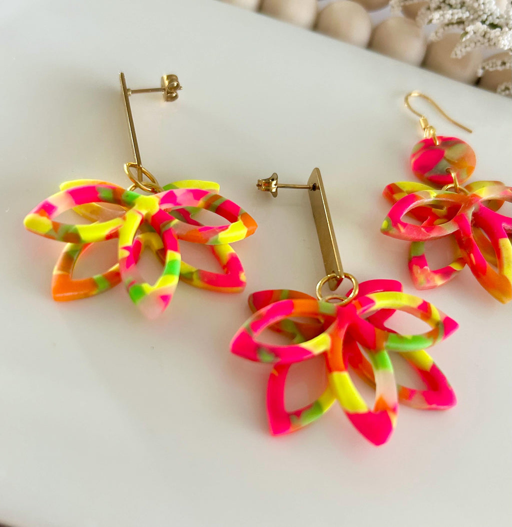 Neon Flower Clay Earrings, Fluorescent Rainbow Lotus Dangles, Geometric Floral Handmade Boho Jewelry Gift