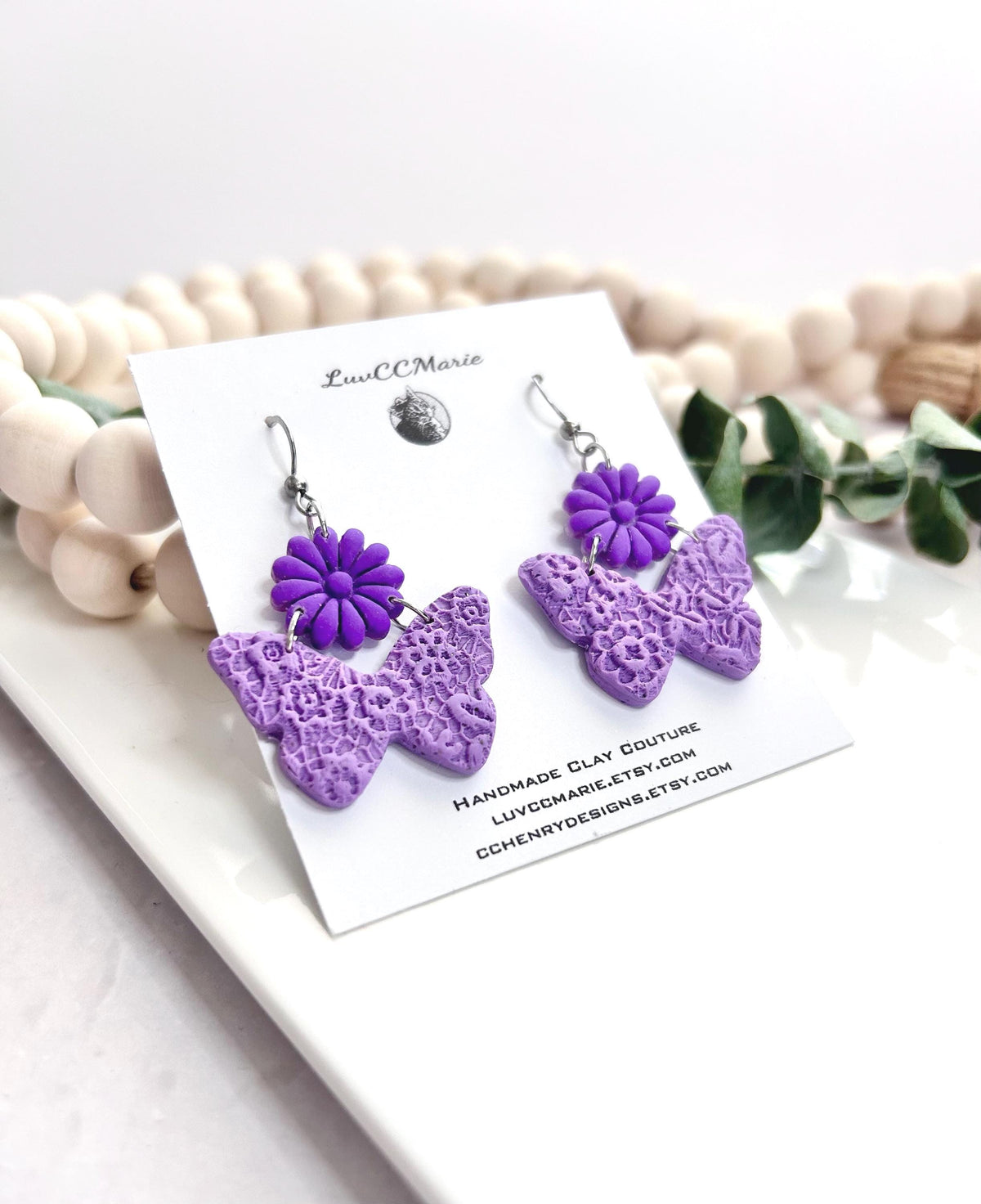 Purple Butterfly Clay Earrings: Handmade Daisy Flower Dangles