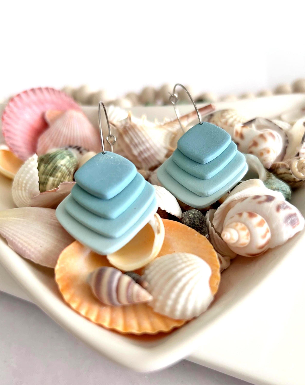 Pink or Blue Pastel Earrings, Dangle Hoops, Geometric Clay Dangles, Beach Vacation Jewelry Gift