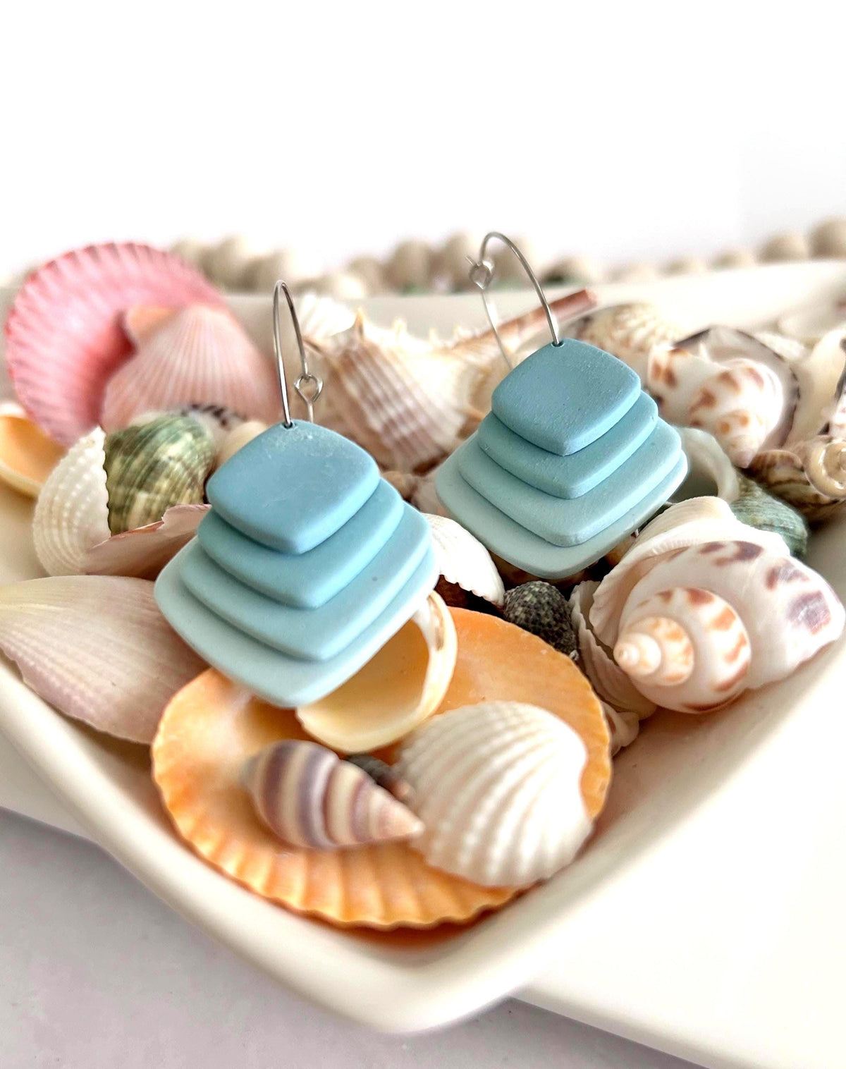 Pink or Blue Pastel Earrings, Dangle Hoops, Geometric Clay Dangles, Beach Vacation Jewelry Gift