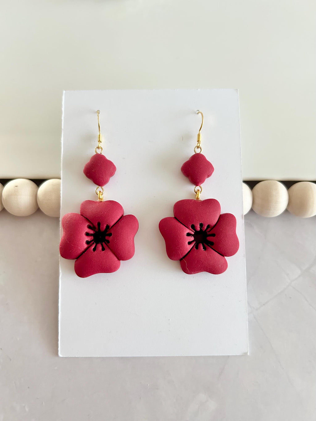 Dark Red Poppy Earrings, Polymer Clay Flora Dangles, Handmade Boho Jewelry Gift