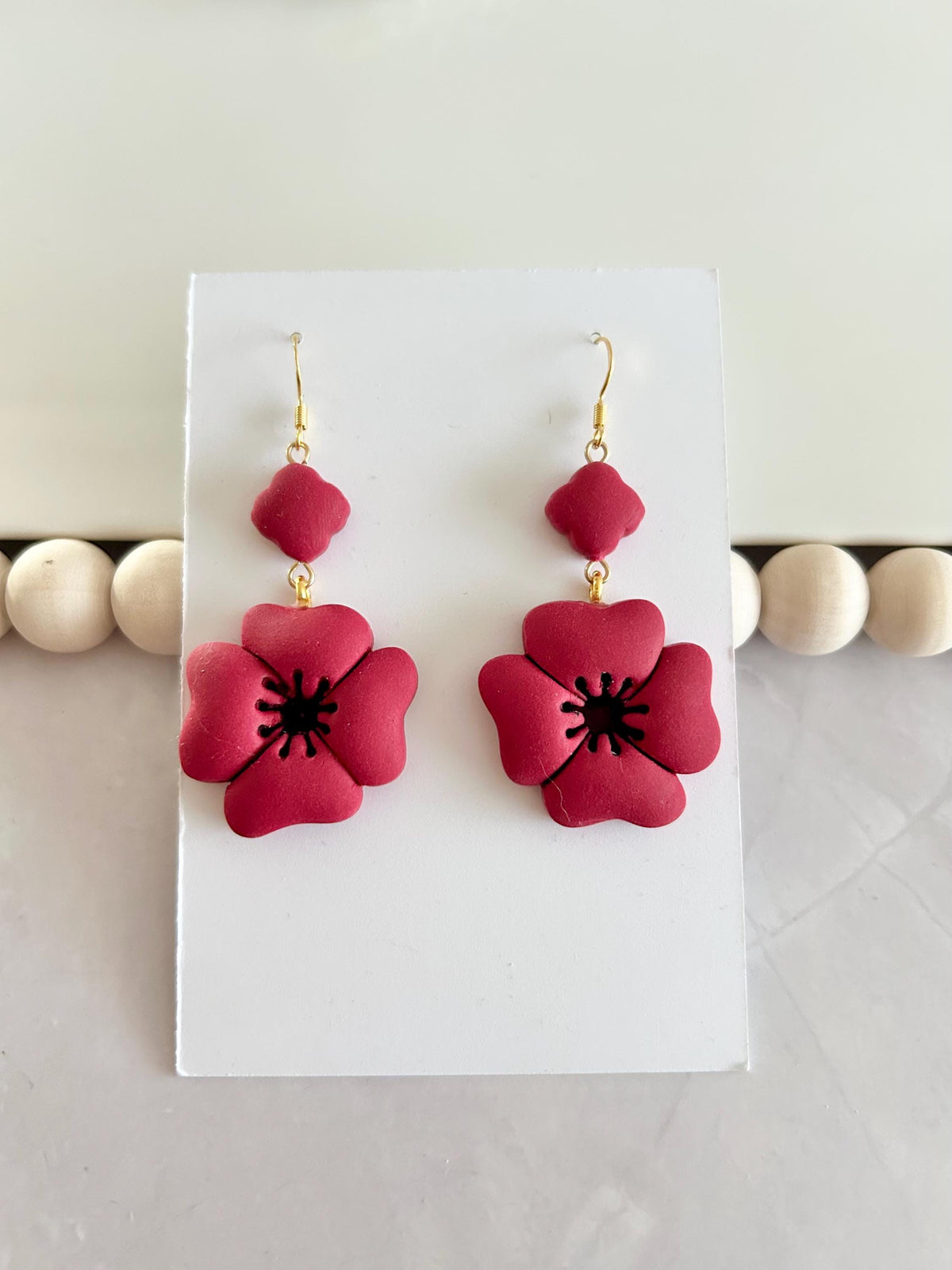 Dark Red Poppy Earrings, Polymer Clay Flora Dangles, Handmade Boho Jewelry Gift