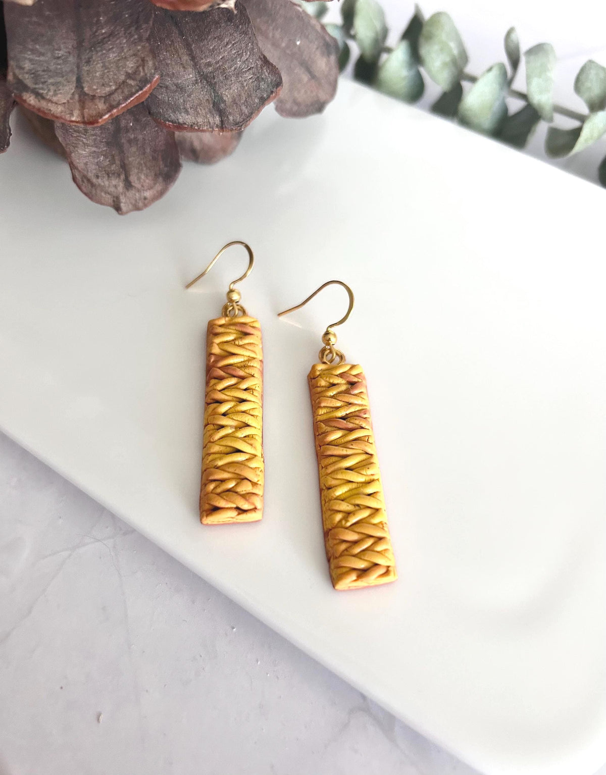 Mustard Knit Dangles, Yellow Clay Earrings, Wood Stud Drops, Lightweight Handmade Unique Fall Jewelry Gift