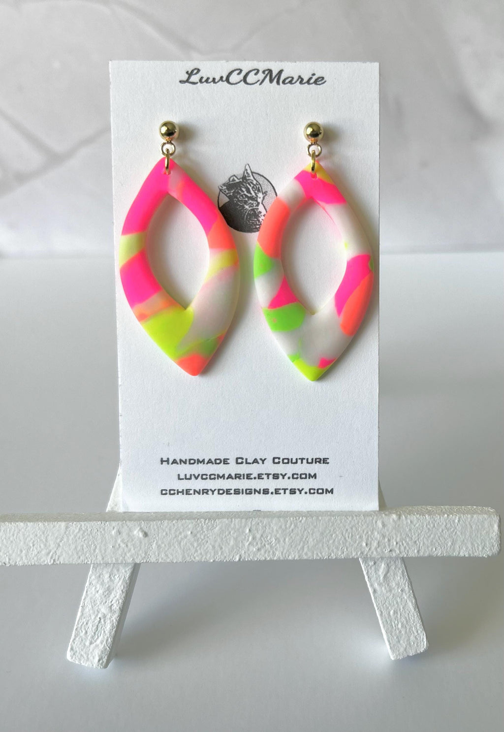 Neon Orange, Yellow, Pink, Green Drop Earrings, Retro Multicolored Clay Dangles, Handmade Jewelry