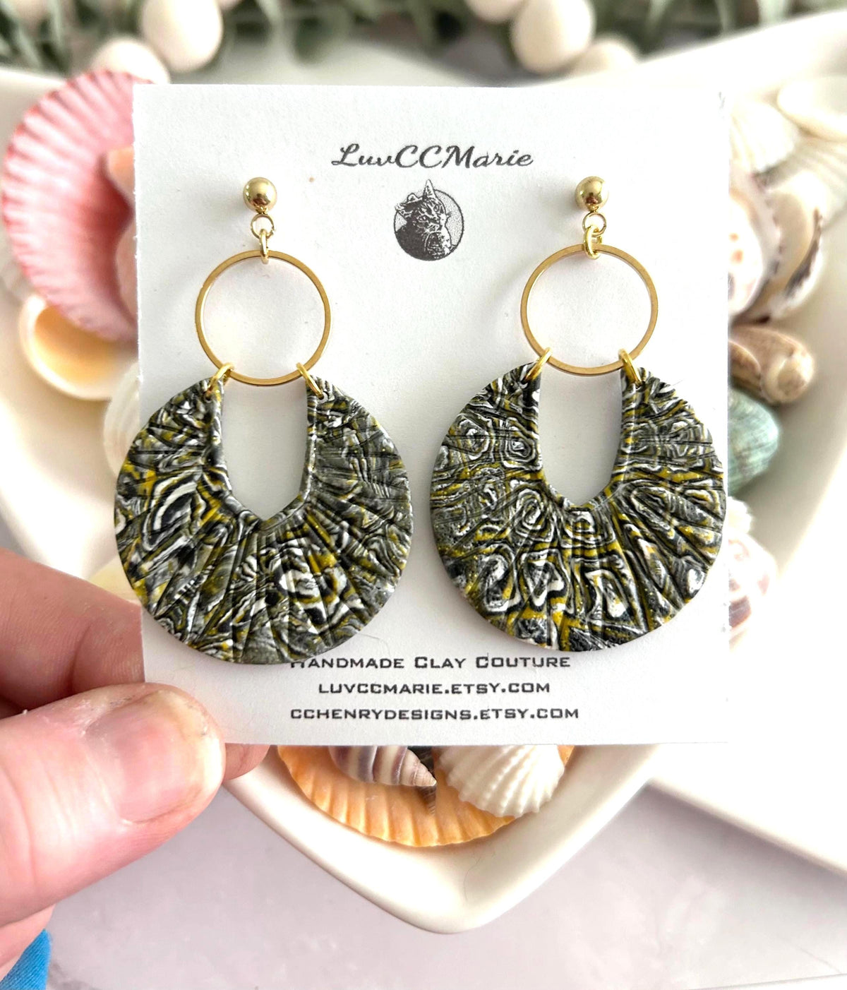 Black and Gold Boho Earrings, Statement Abstract Dangles with Brass Hoop, Handmade Clay Jewelry Gift