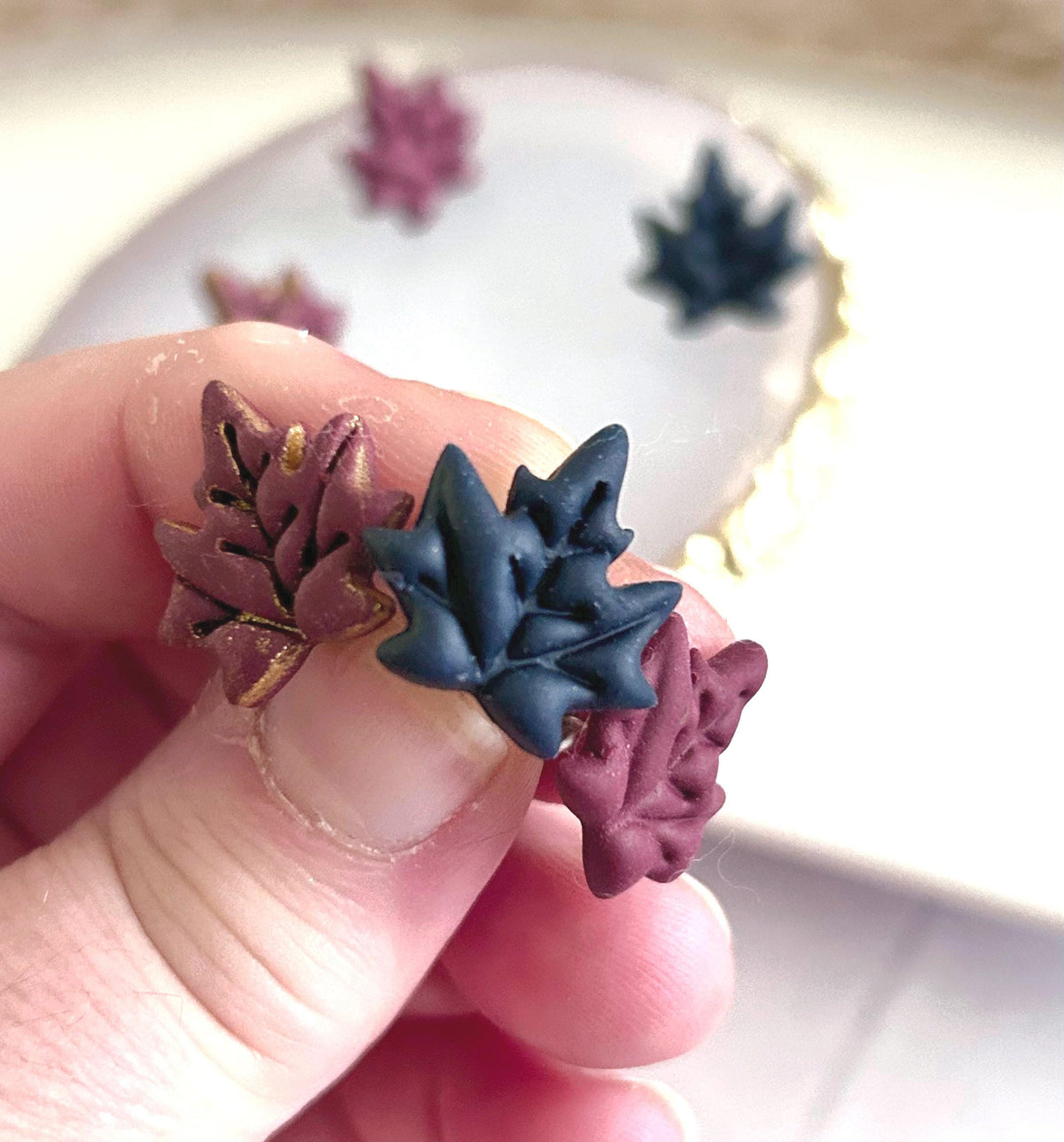 Navy Blue & Dark Burgundy Maple Leaf Stud Earrings, Hypoallergenic Post Fall Jewelry