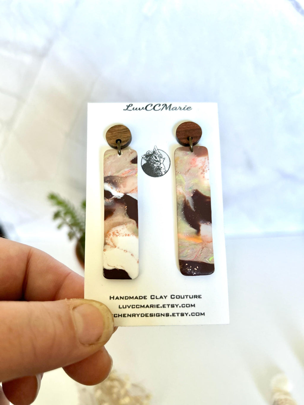 Brown Polymer Clay Earrings, Wood Stud Dangles, Handmade Fashion Jewelry Gift