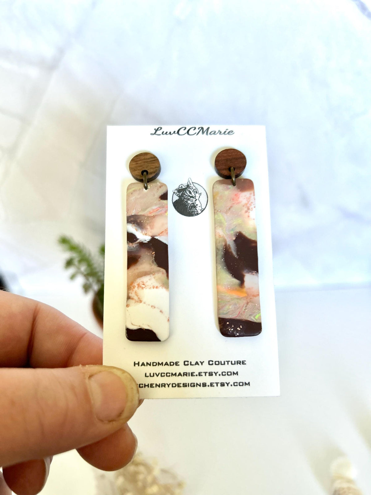 Brown Polymer Clay Earrings, Wood Stud Dangles, Handmade Fashion Jewelry Gift