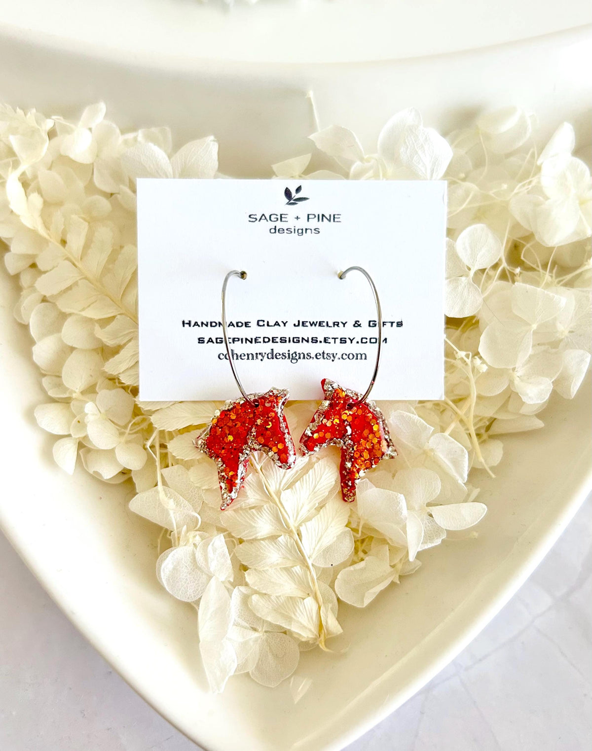 Fire Horse Earrings, Red and Silver Sparkly Dangles, Handmade Fashion Clay Jewelry
