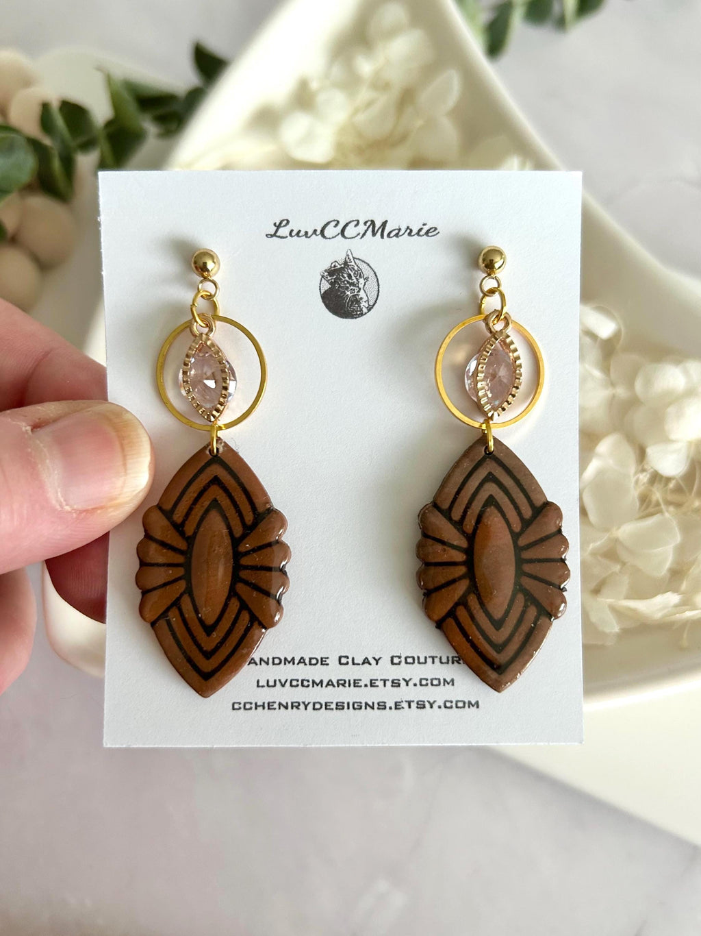 Dark Brown Clay Dangle Earrings: Gold Cubic Zirconia, Boho Wedding Jewelry