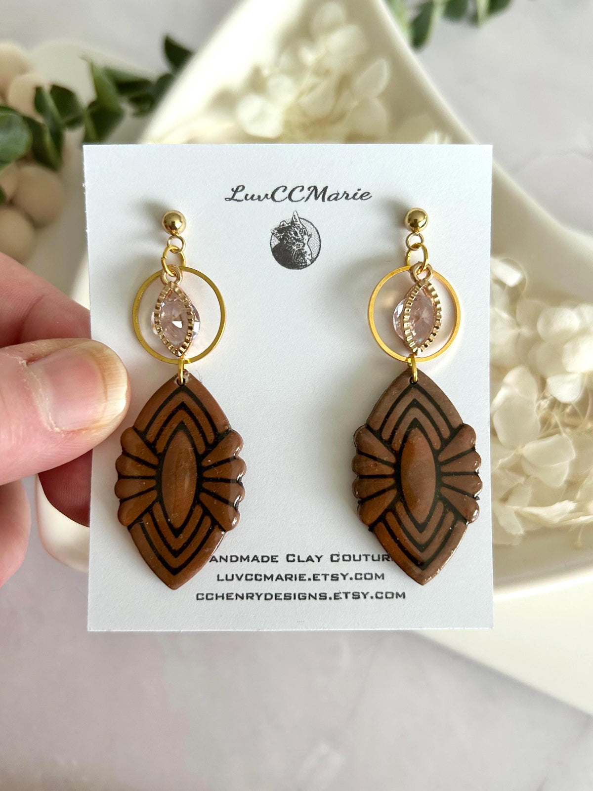 Dark Brown Clay Dangle Earrings: Gold Cubic Zirconia, Boho Wedding Jewelry